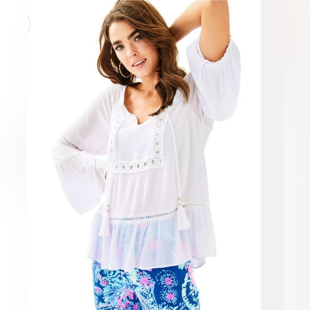 Lilly Pulitzer Amisa Flowy Bell Sleeve Peasant Top Coastal White Medium